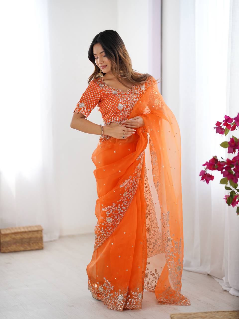 Women's Organza Silk Embroidered Saree with Unstitched Blouse