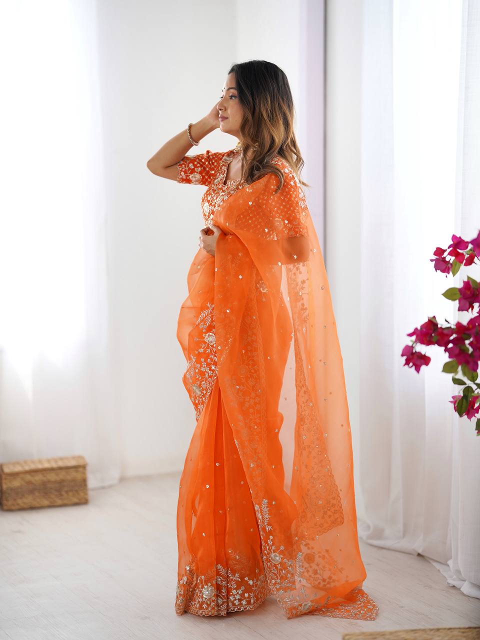 Women's Organza Silk Embroidered Saree with Unstitched Blouse