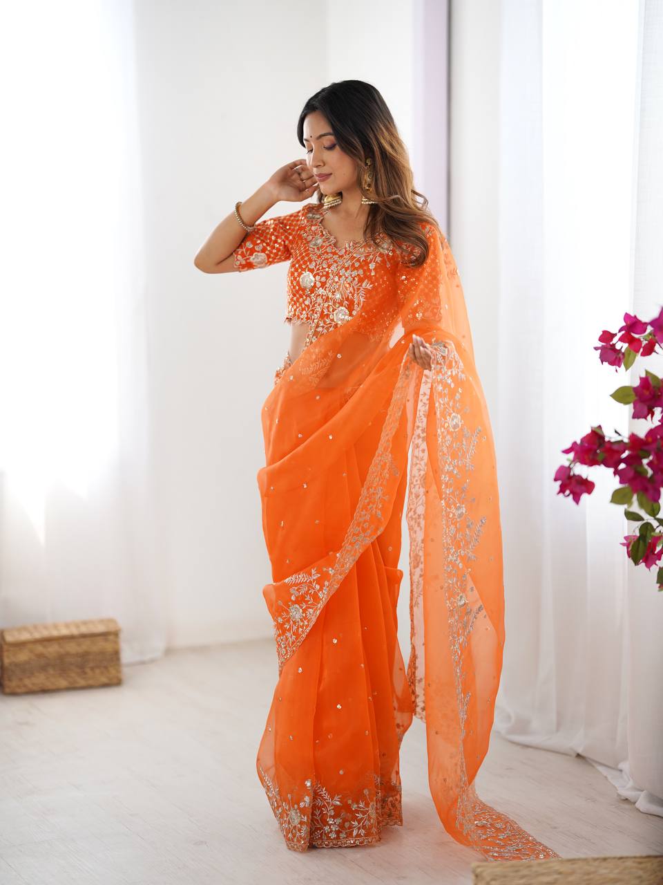 Women's Organza Silk Embroidered Saree with Unstitched Blouse