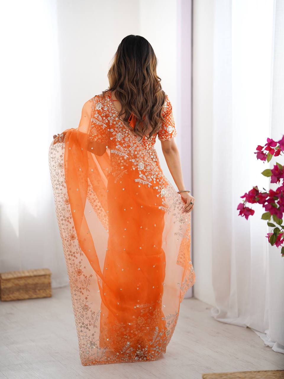 Women's Organza Silk Embroidered Saree with Unstitched Blouse