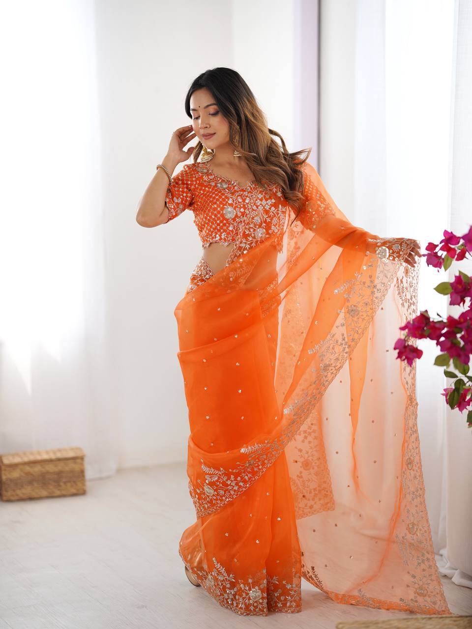 Women's Organza Silk Embroidered Saree with Unstitched Blouse