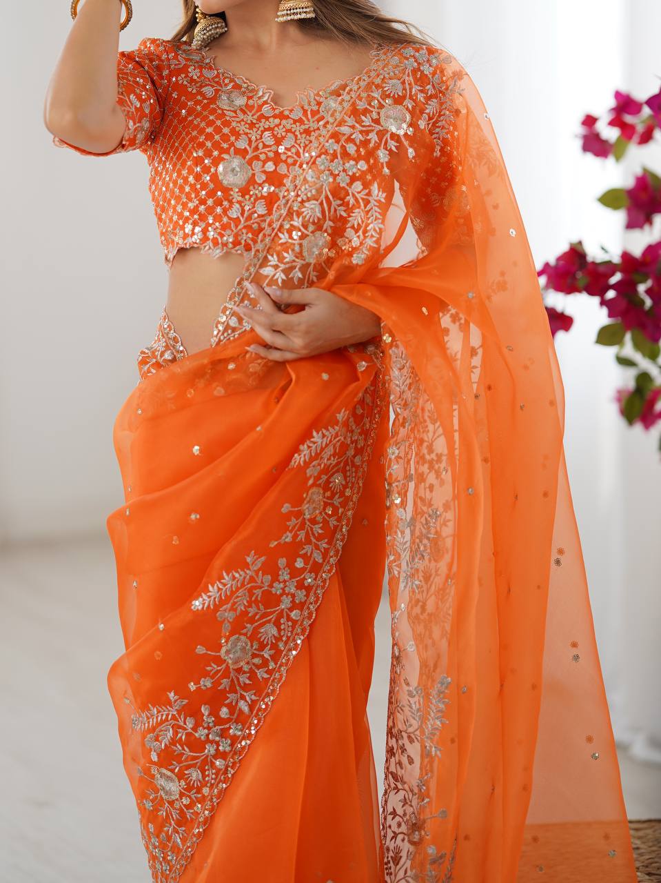 Women's Organza Silk Embroidered Saree with Unstitched Blouse