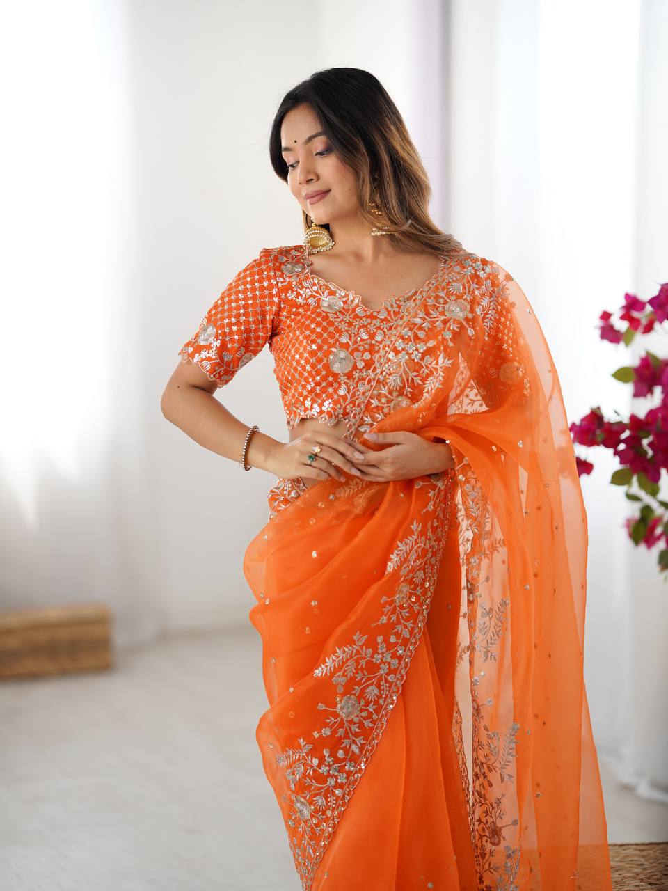 Women's Organza Silk Embroidered Saree with Unstitched Blouse