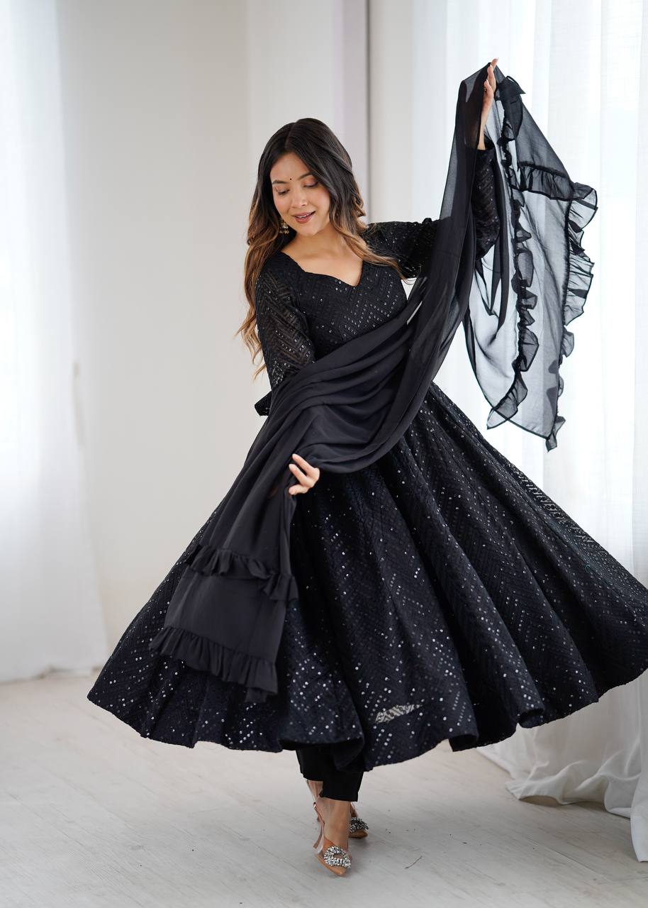Premium Lucknowi Fox Georgette Anarkali Suit Set with Ruffle Dupatta and Pant