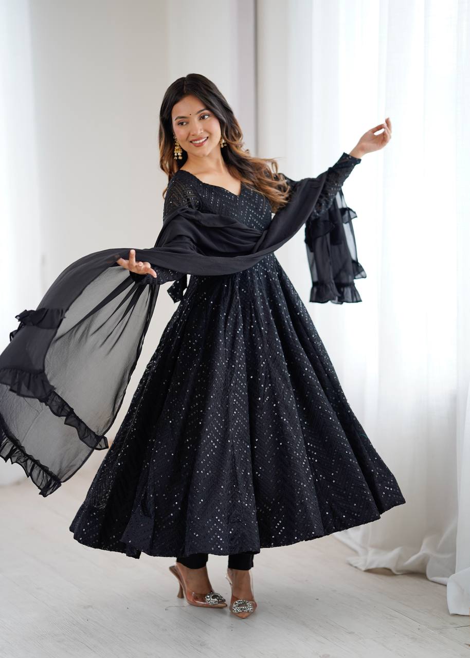 Premium Lucknowi Fox Georgette Anarkali Suit Set with Ruffle Dupatta and Pant