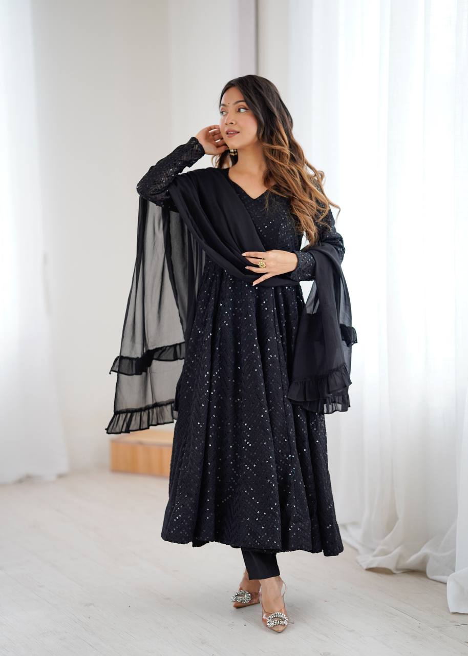 Premium Lucknowi Fox Georgette Anarkali Suit Set with Ruffle Dupatta and Pant