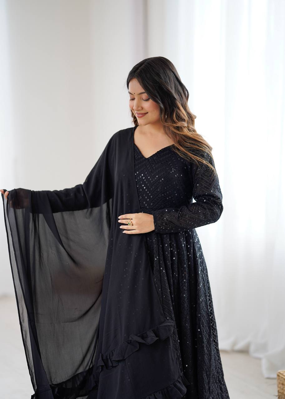 Premium Lucknowi Fox Georgette Anarkali Suit Set with Ruffle Dupatta and Pant