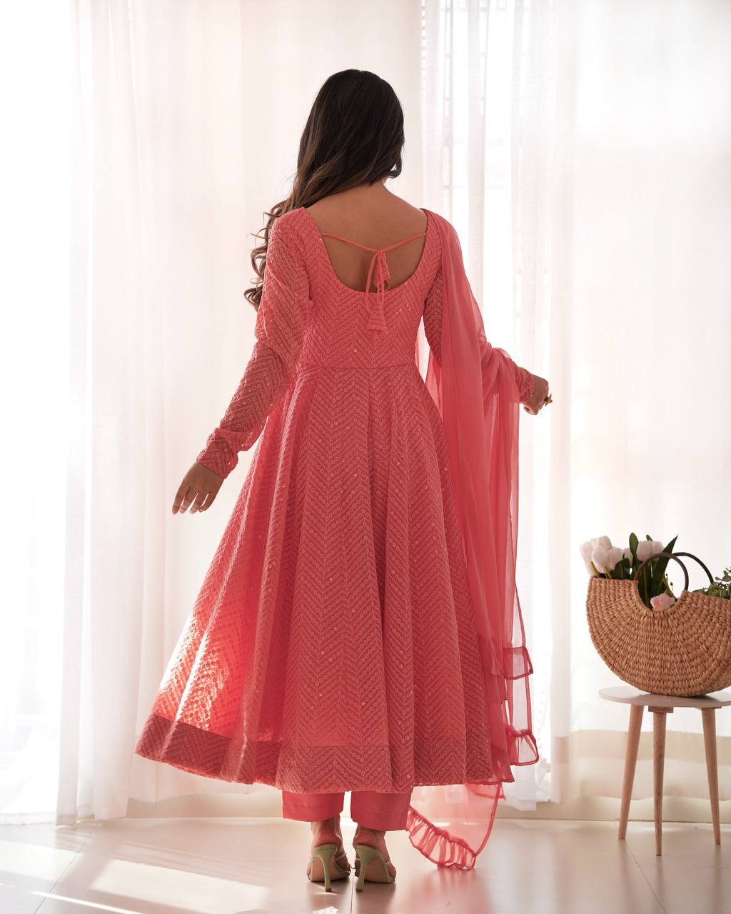 Premium Lucknowi Fox Georgette Anarkali Suit Set with Ruffle Dupatta and Pant
