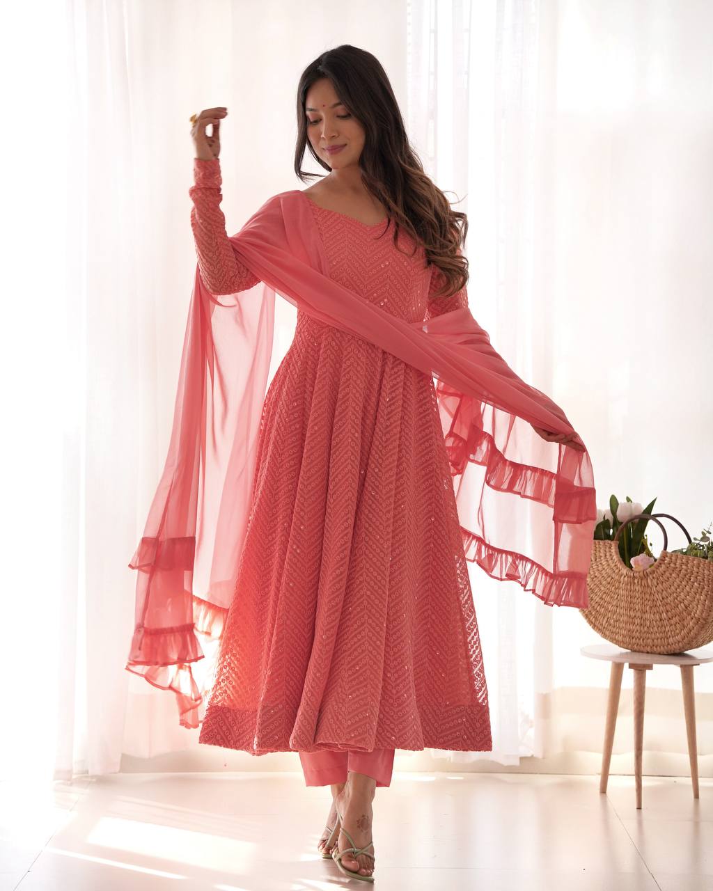 Premium Lucknowi Fox Georgette Anarkali Suit Set with Ruffle Dupatta and Pant