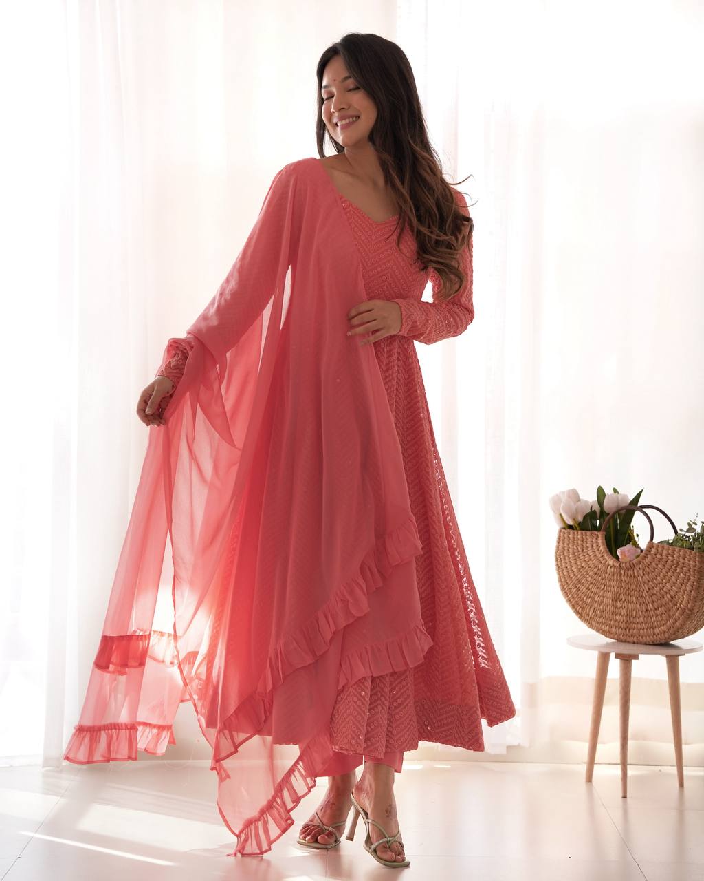Premium Lucknowi Fox Georgette Anarkali Suit Set with Ruffle Dupatta and Pant