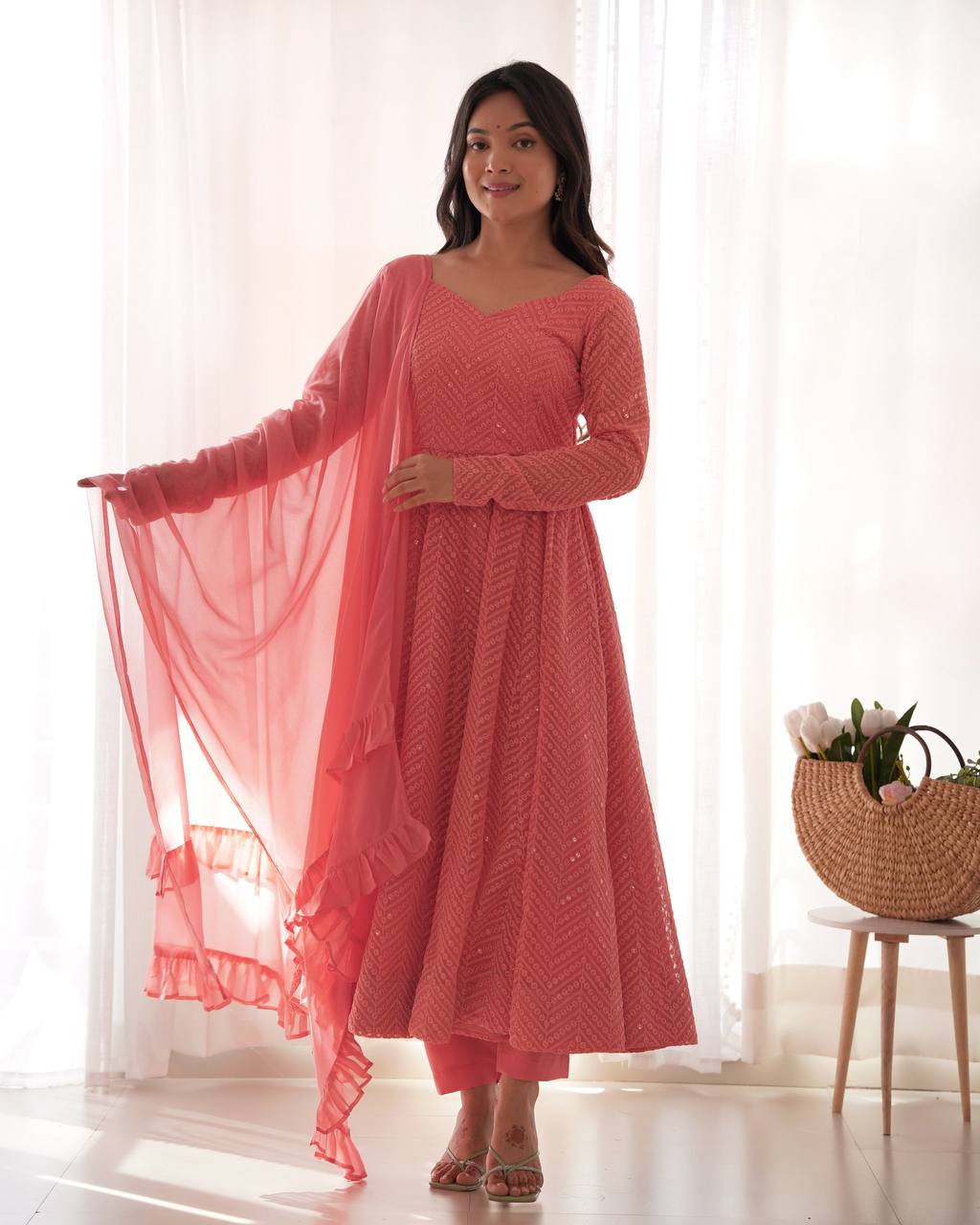 Premium Lucknowi Fox Georgette Anarkali Suit Set with Ruffle Dupatta and Pant