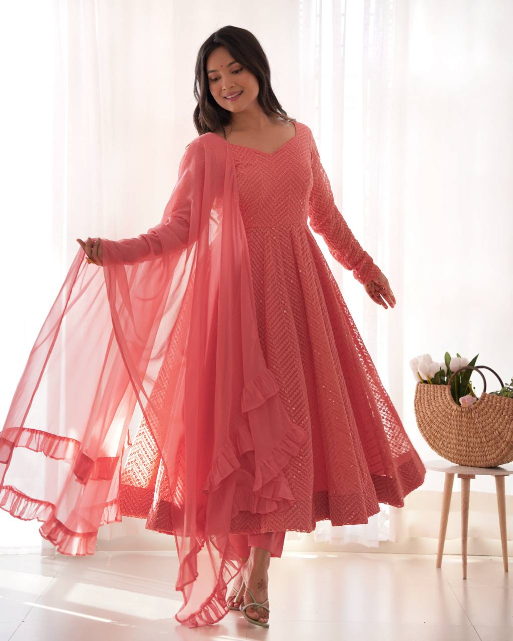 Premium Lucknowi Fox Georgette Anarkali Suit Set with Ruffle Dupatta and Pant