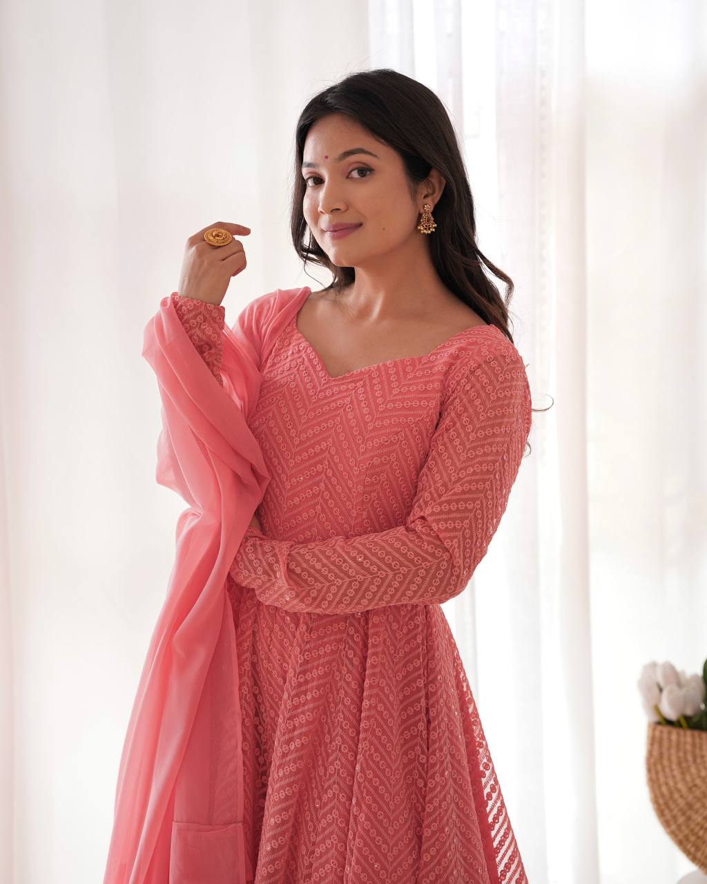 Premium Lucknowi Fox Georgette Anarkali Suit Set with Ruffle Dupatta and Pant