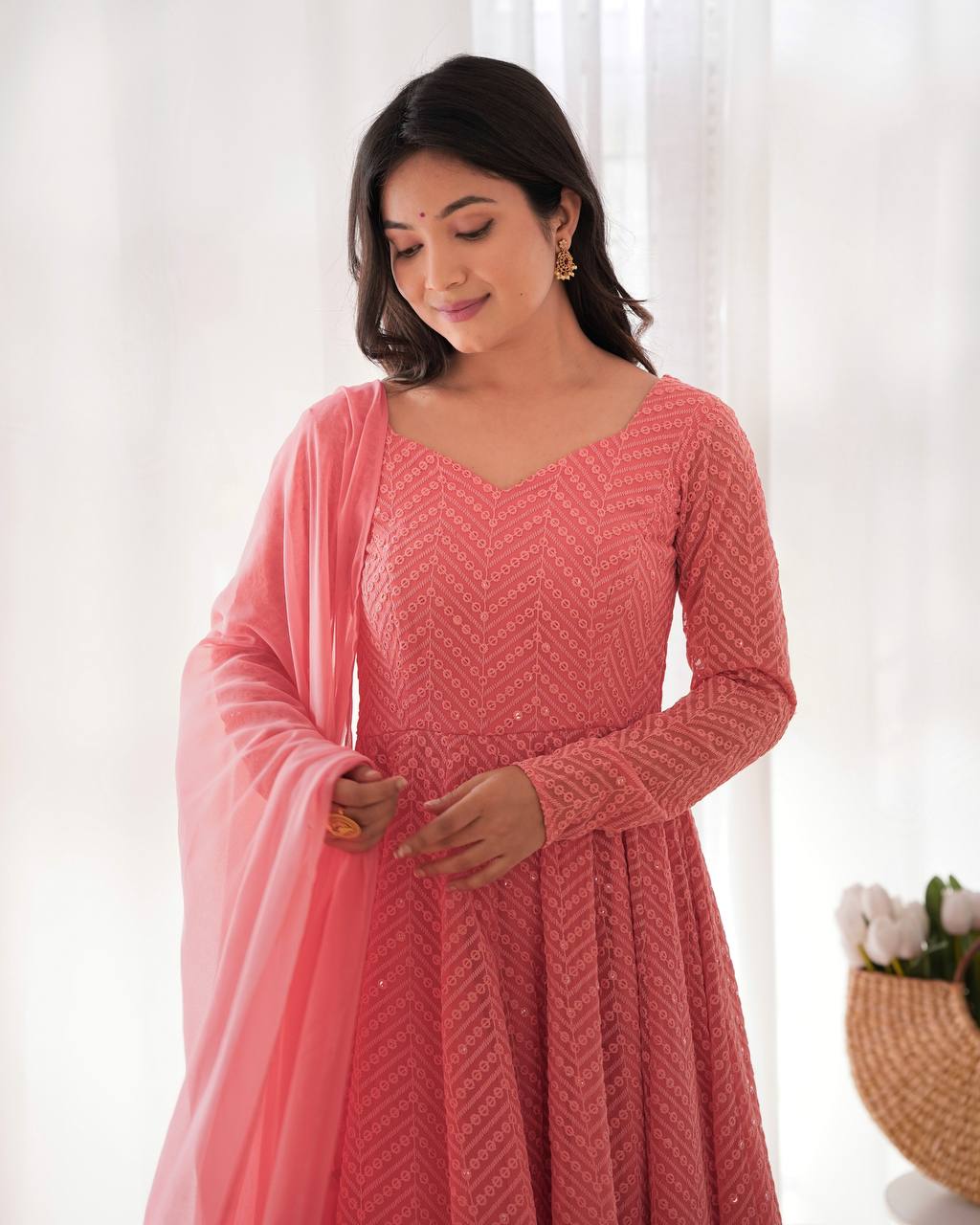 Premium Lucknowi Fox Georgette Anarkali Suit Set with Ruffle Dupatta and Pant
