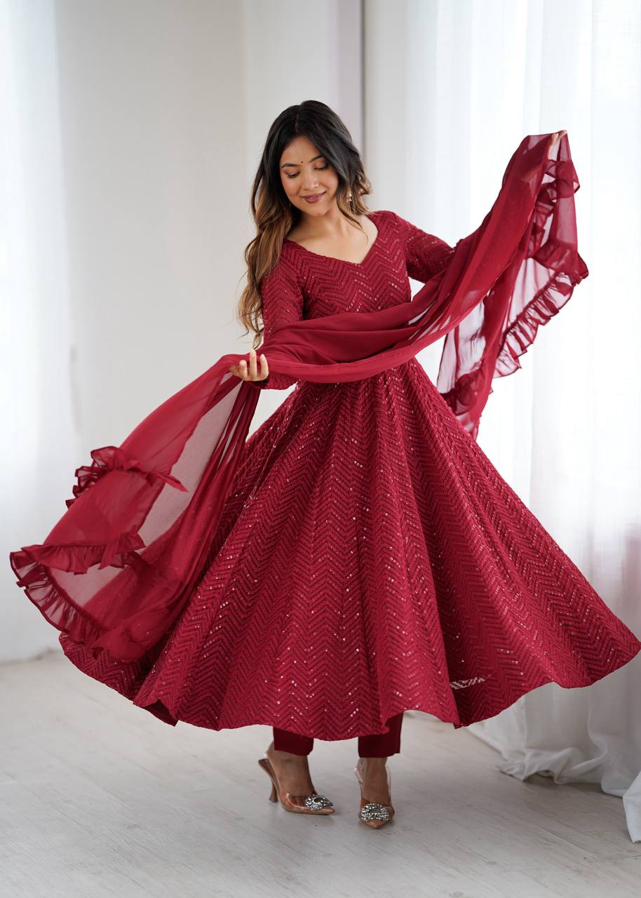 Premium Lucknowi Fox Georgette Anarkali Suit Set with Ruffle Dupatta and Pant