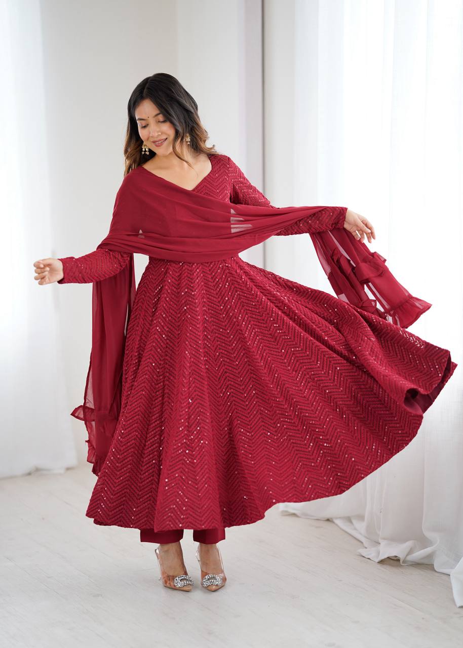 Premium Lucknowi Fox Georgette Anarkali Suit Set with Ruffle Dupatta and Pant
