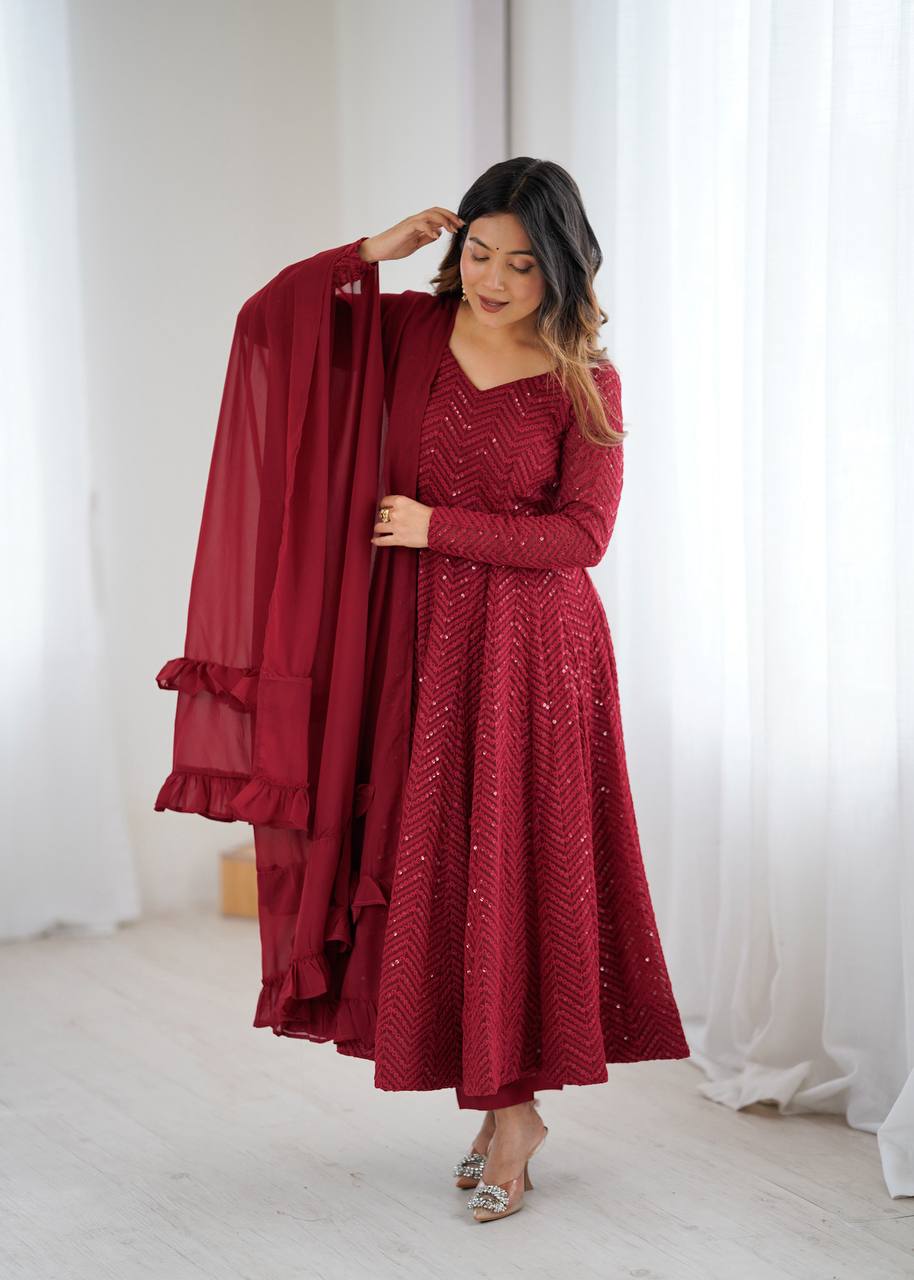 Premium Lucknowi Fox Georgette Anarkali Suit Set with Ruffle Dupatta and Pant