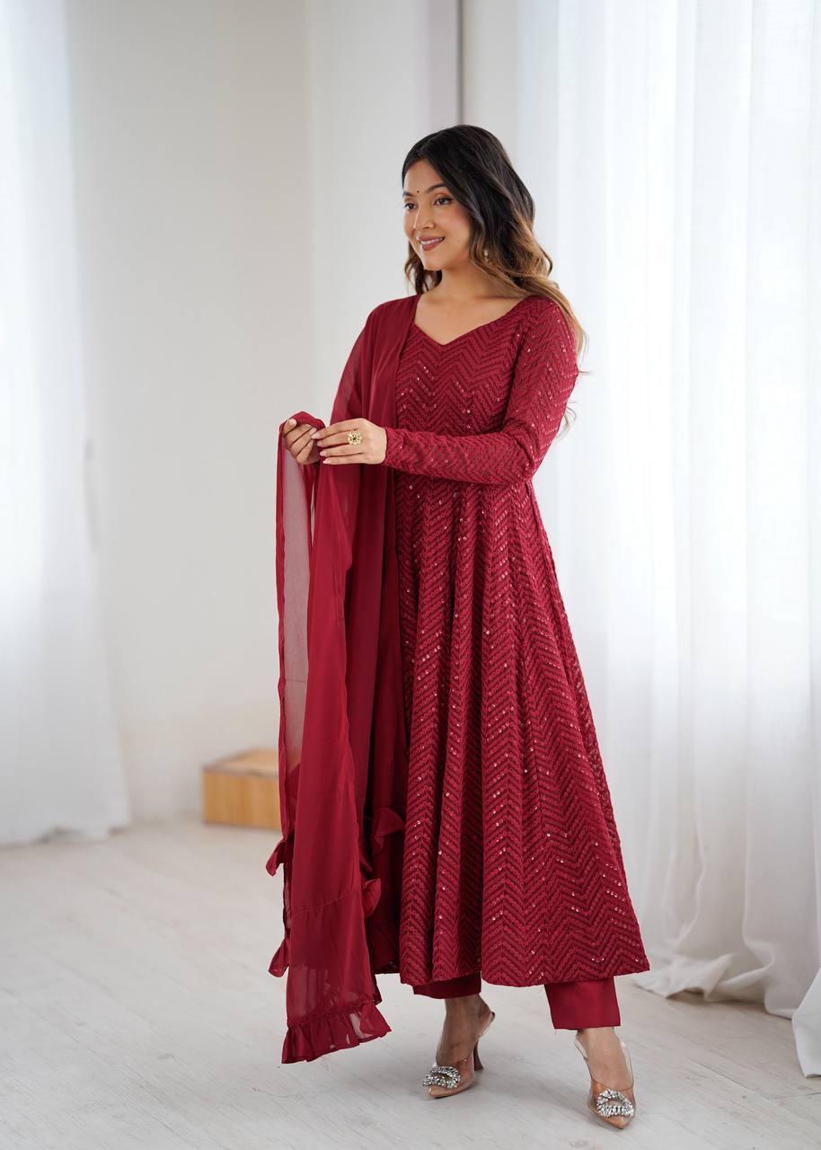 Premium Lucknowi Fox Georgette Anarkali Suit Set with Ruffle Dupatta and Pant