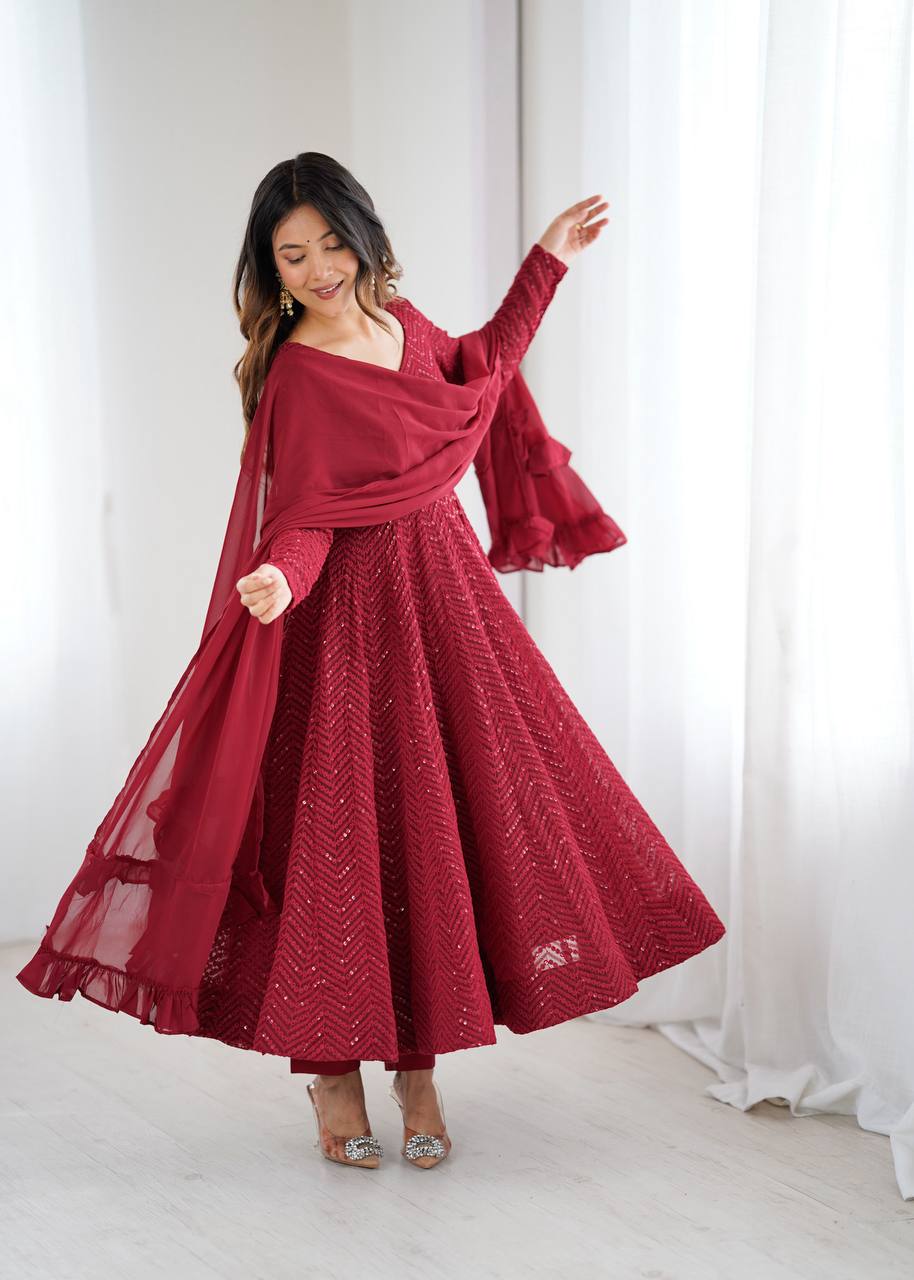 Premium Lucknowi Fox Georgette Anarkali Suit Set with Ruffle Dupatta and Pant
