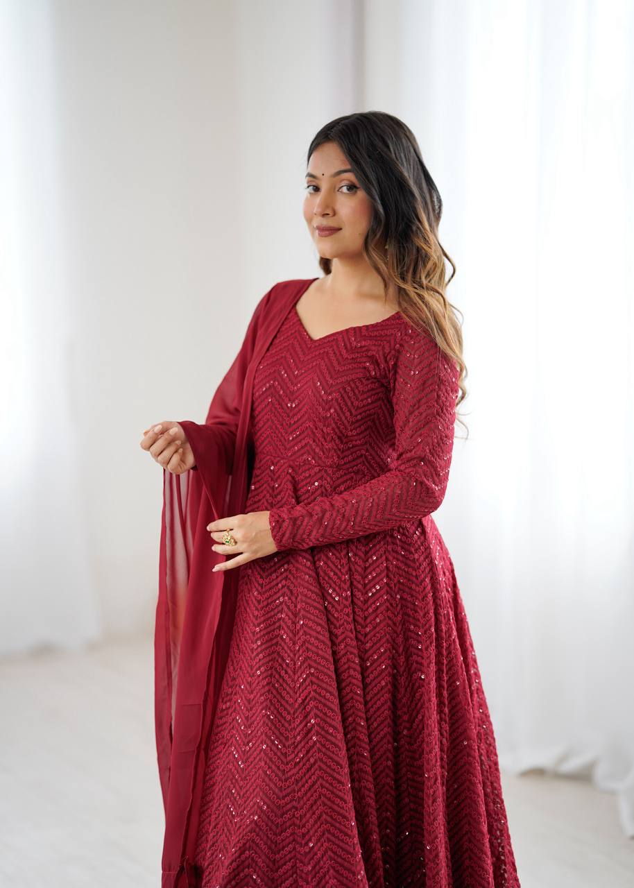 Premium Lucknowi Fox Georgette Anarkali Suit Set with Ruffle Dupatta and Pant
