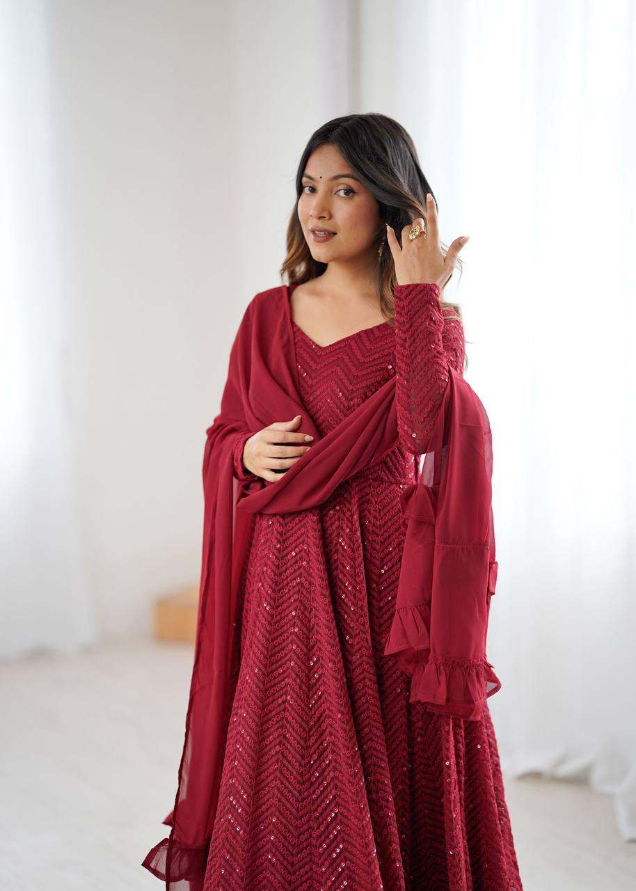 Premium Lucknowi Fox Georgette Anarkali Suit Set with Ruffle Dupatta and Pant