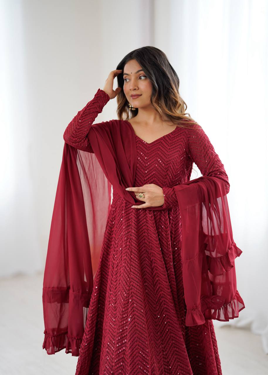 Premium Lucknowi Fox Georgette Anarkali Suit Set with Ruffle Dupatta and Pant