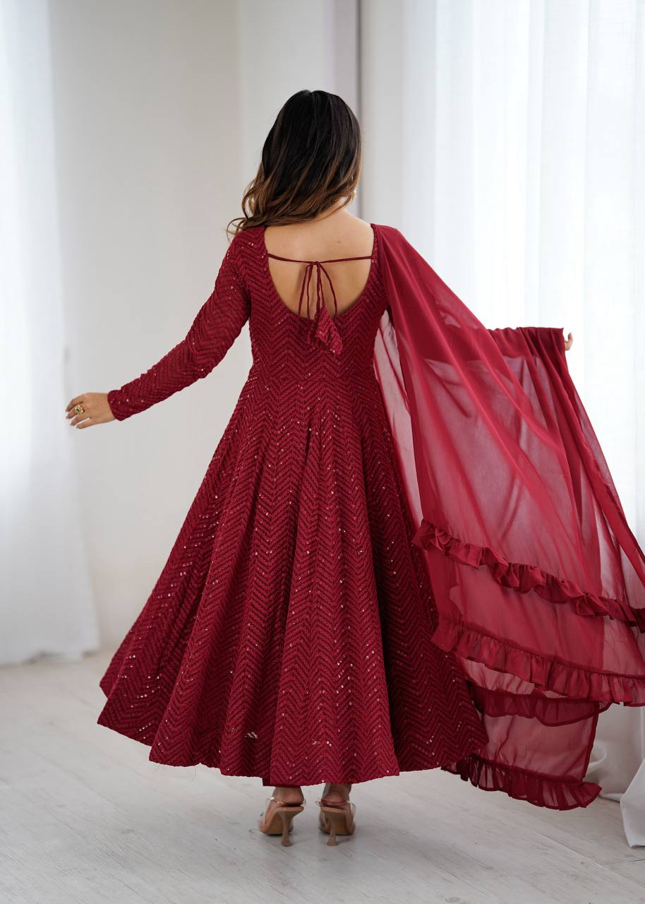 Premium Lucknowi Fox Georgette Anarkali Suit Set with Ruffle Dupatta and Pant