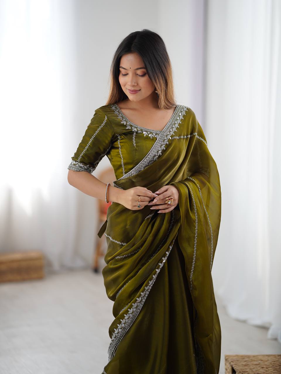 Premium Heavy JMC Silk Thread & Sequin Embroidered Designer Party Wear Saree with Blouse