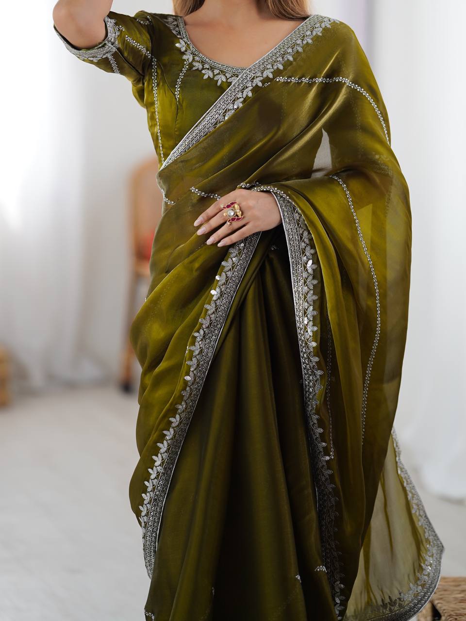 Premium Heavy JMC Silk Thread & Sequin Embroidered Designer Party Wear Saree with Blouse