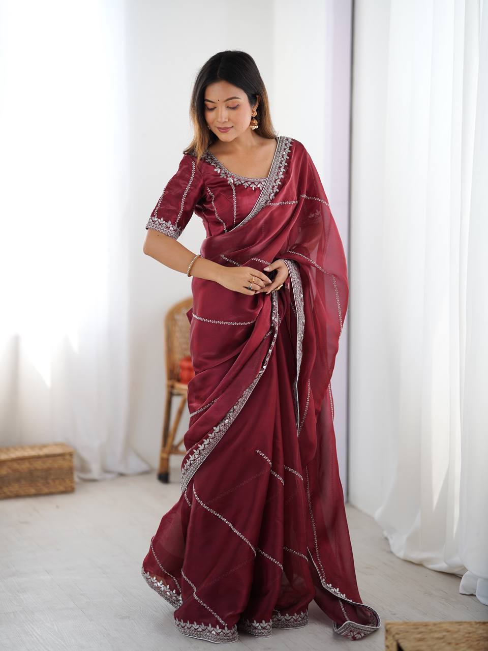 Premium Heavy JMC Silk Thread & Sequin Embroidered Designer Party Wear Saree with Blouse