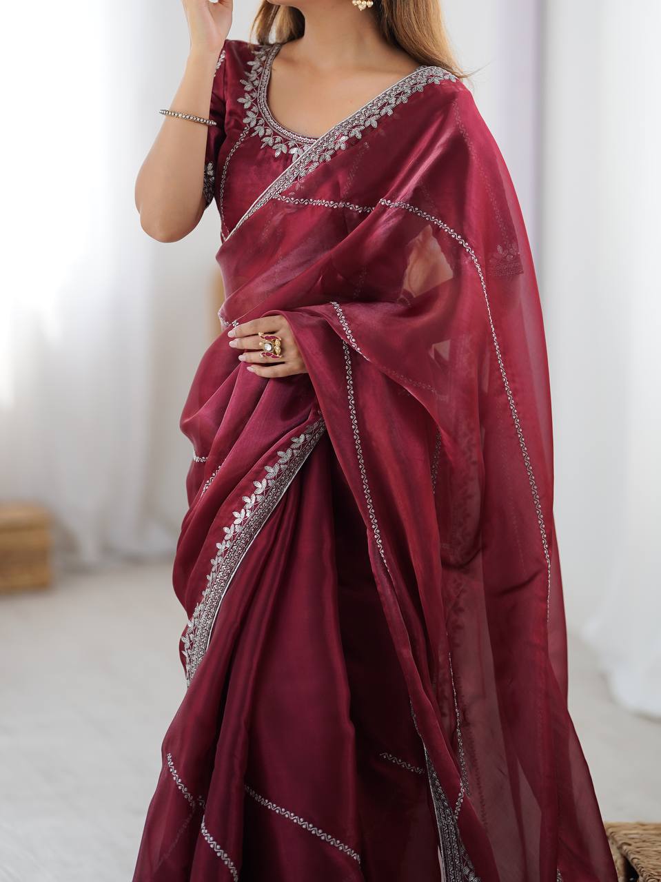 Premium Heavy JMC Silk Thread & Sequin Embroidered Designer Party Wear Saree with Blouse