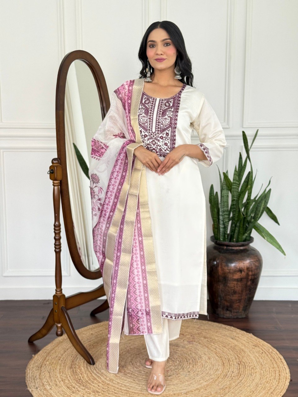 Women's White Embroidered PV Chanderi Kurta Pant Set with Organza Dupatta
