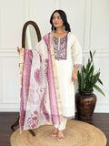 Women's White Embroidered PV Chanderi Kurta Pant Set with Organza Dupatta