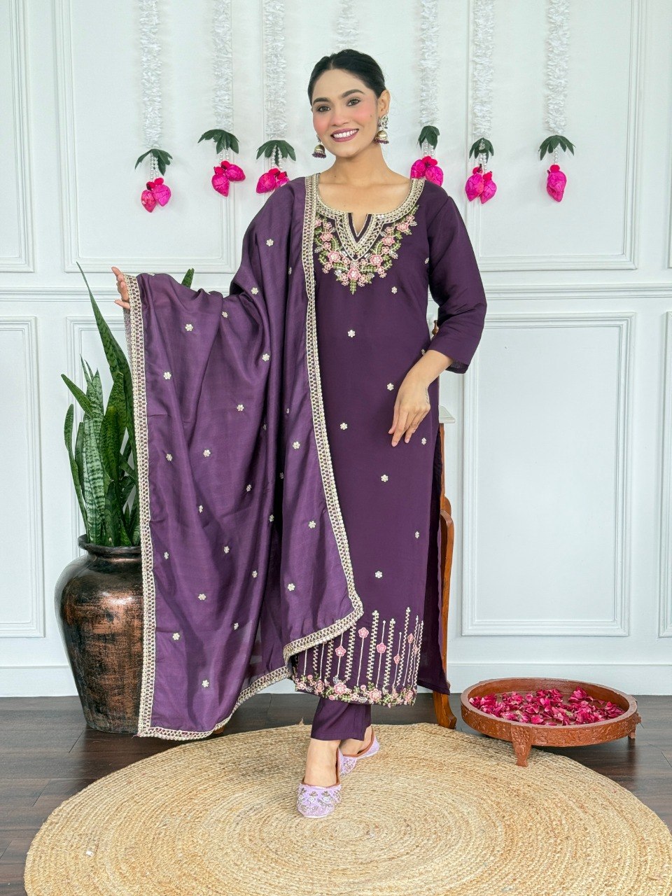 Women's Wine Embroidered PV Chanderi Kurta Pant Set with Silk Dupatta