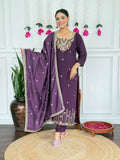 Women's Wine Embroidered PV Chanderi Kurta Pant Set with Silk Dupatta