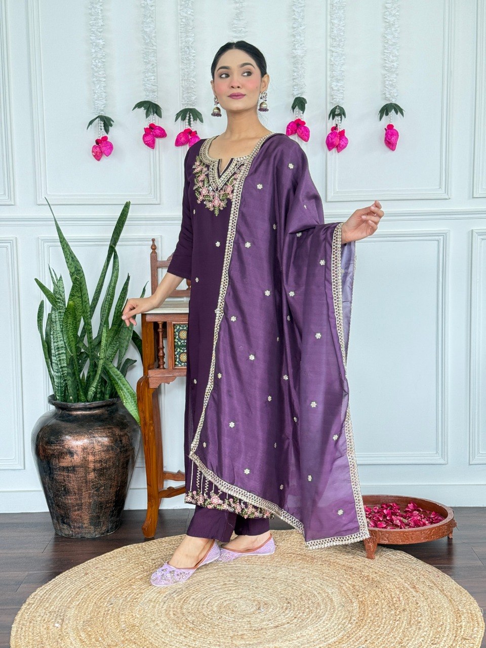 Women's Wine Embroidered PV Chanderi Kurta Pant Set with Silk Dupatta