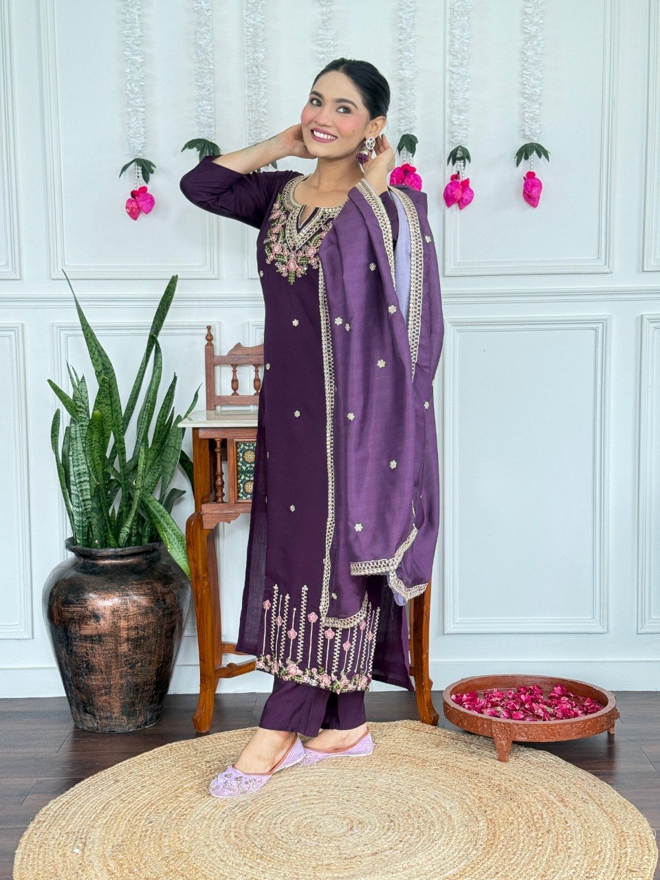Women's Wine Embroidered PV Chanderi Kurta Pant Set with Silk Dupatta