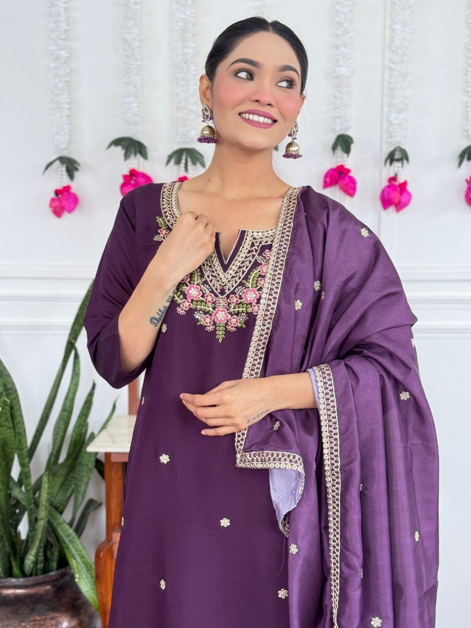 Women's Wine Embroidered PV Chanderi Kurta Pant Set with Silk Dupatta