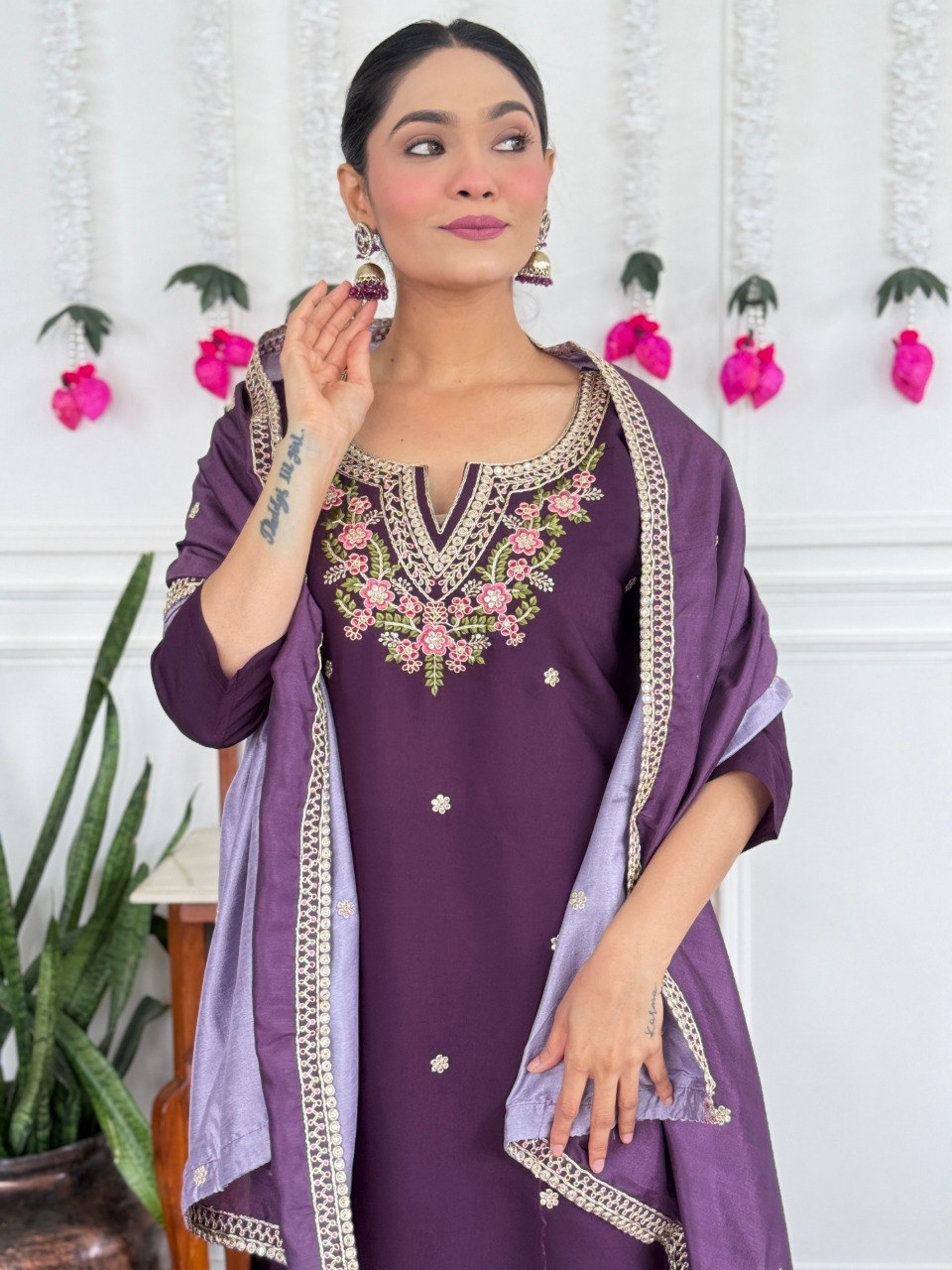 Women's Wine Embroidered PV Chanderi Kurta Pant Set with Silk Dupatta