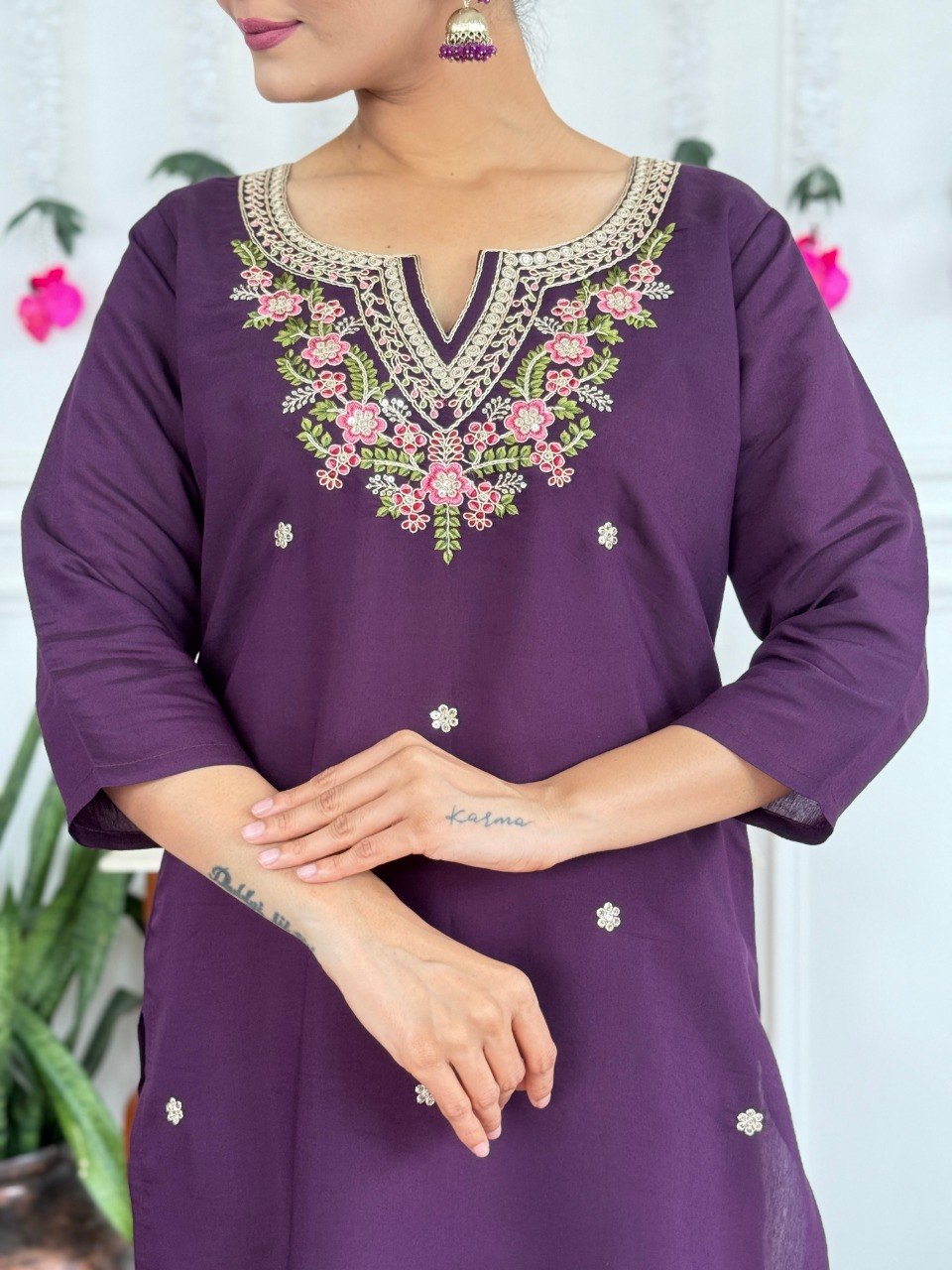Women's Wine Embroidered PV Chanderi Kurta Pant Set with Silk Dupatta