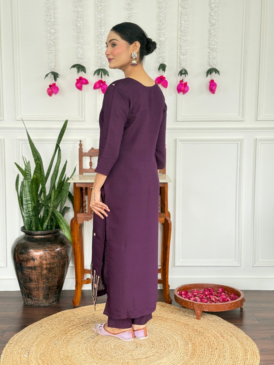 Women's Wine Embroidered PV Chanderi Kurta Pant Set with Silk Dupatta