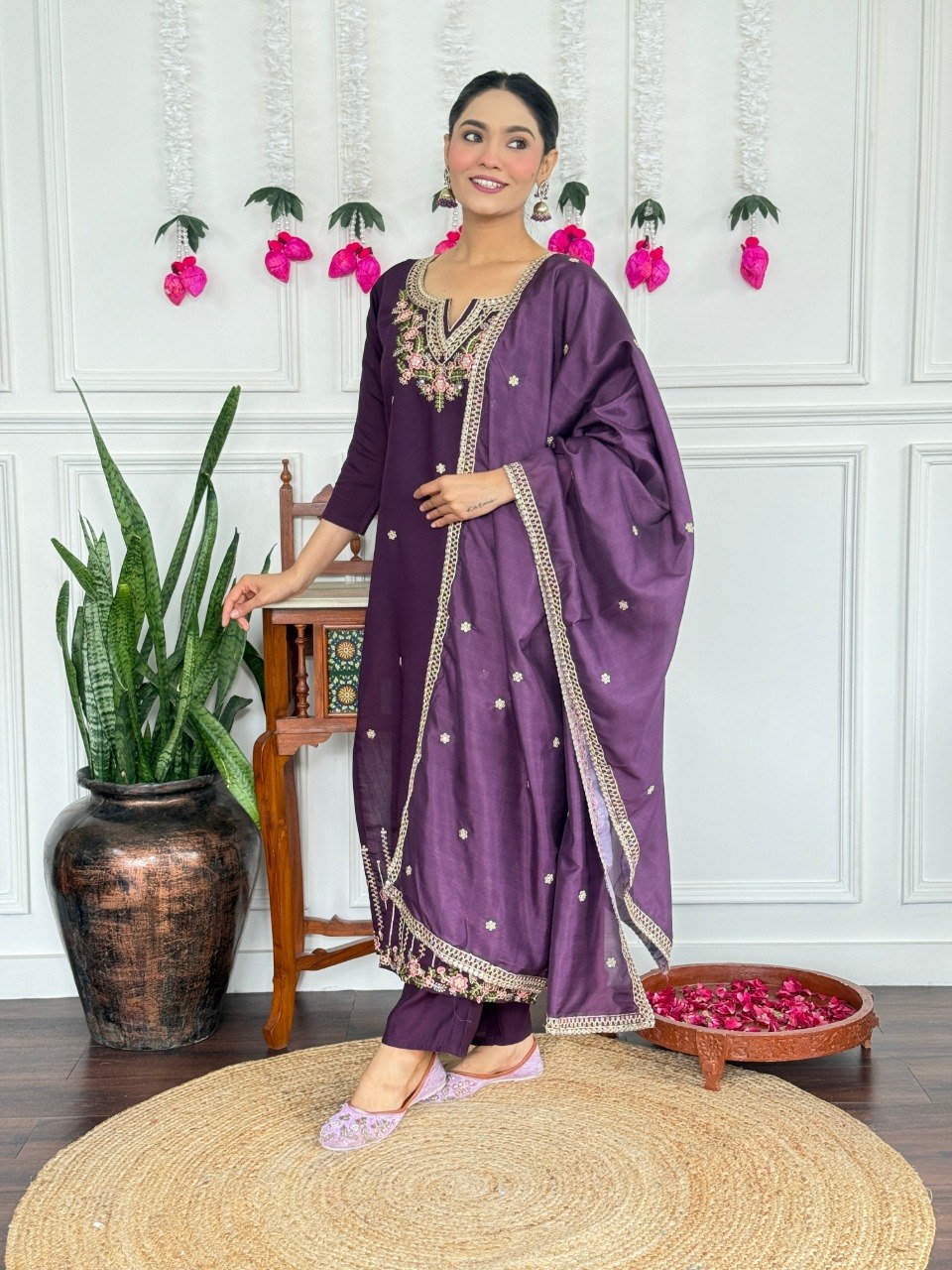 Women's Wine Embroidered PV Chanderi Kurta Pant Set with Silk Dupatta