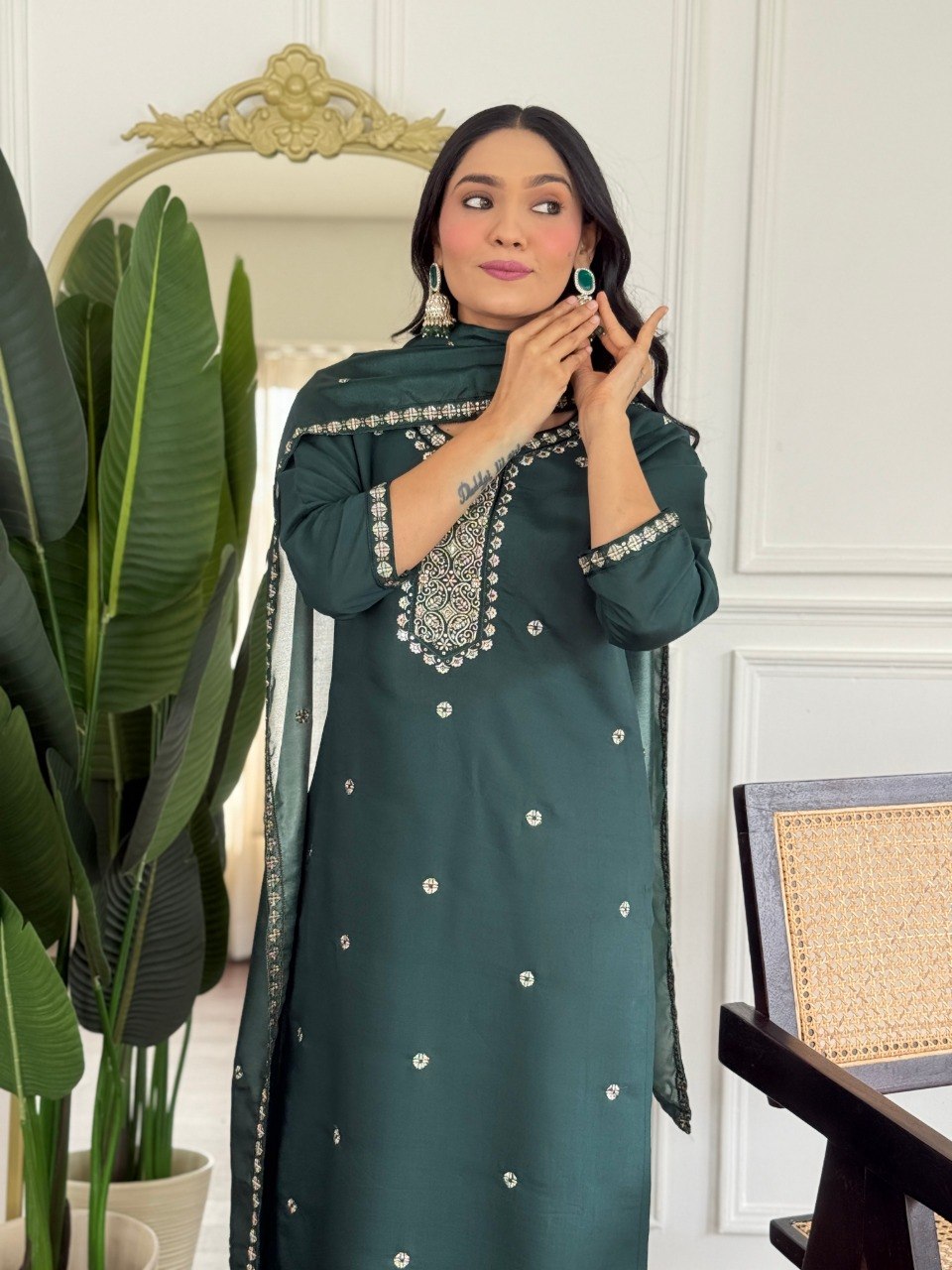 Women's Embroidered PV Chanderi Kurta Pant Set with Silk Dupatta