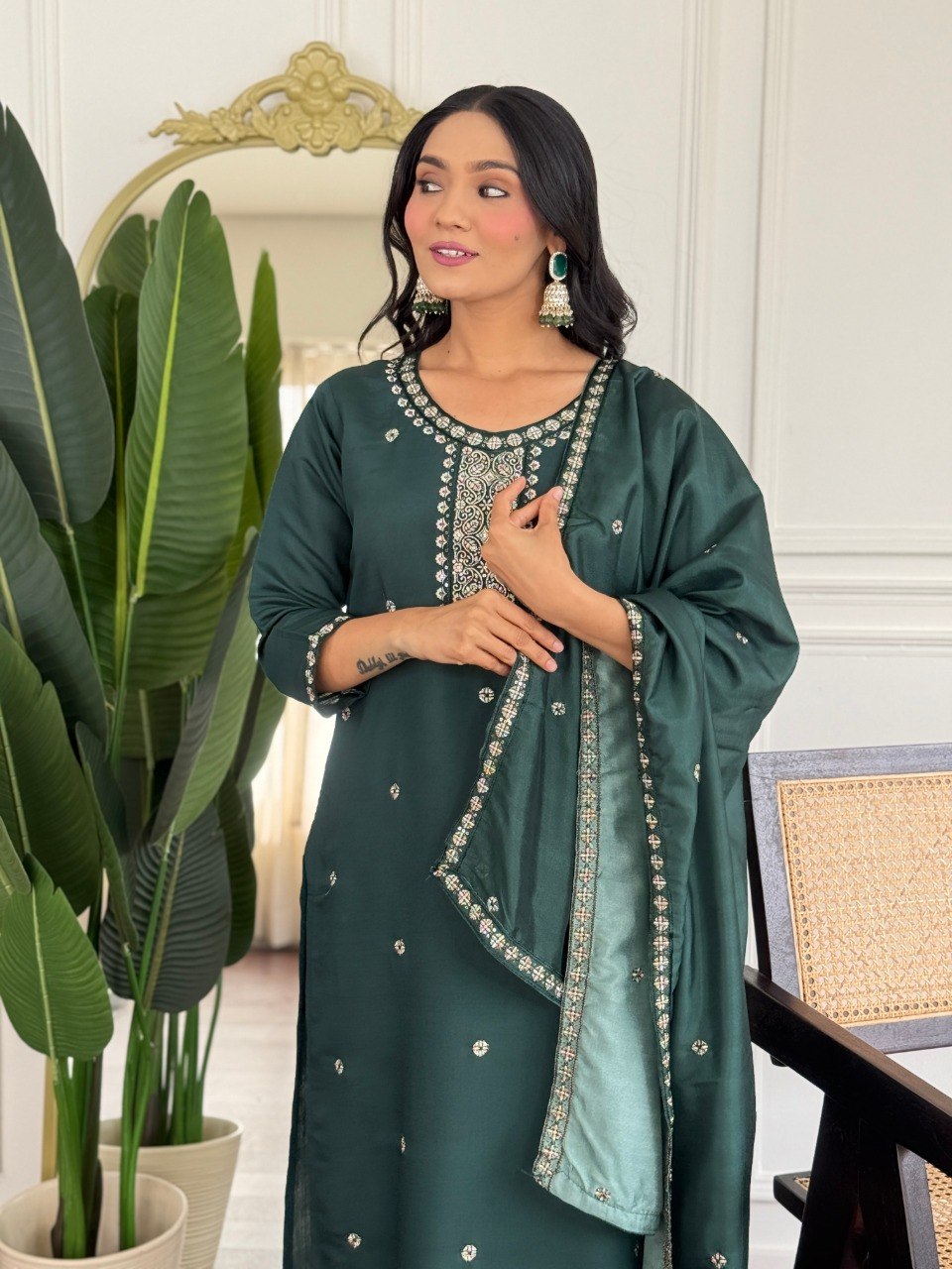 Women's Embroidered PV Chanderi Kurta Pant Set with Silk Dupatta
