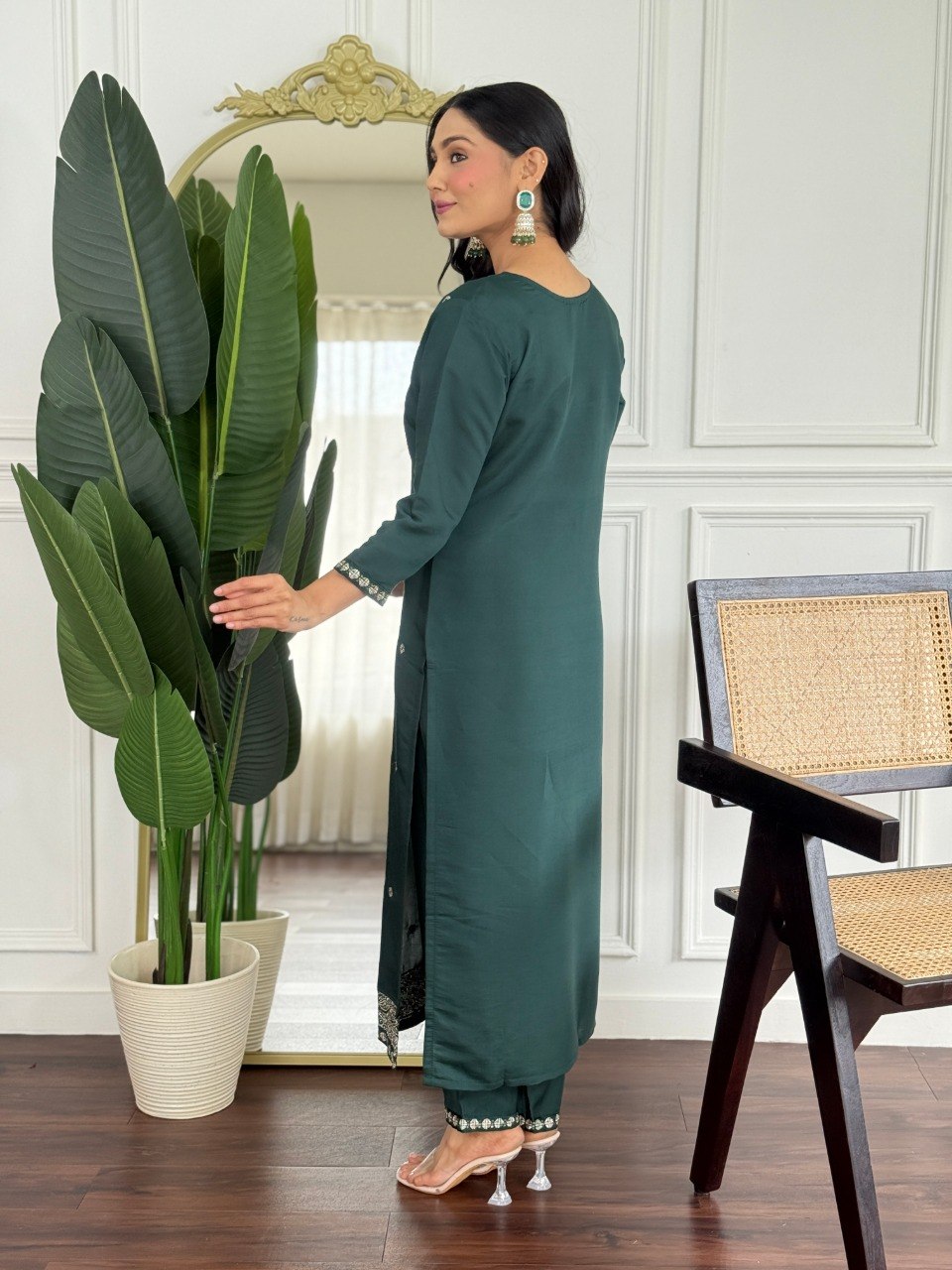 Women's Embroidered PV Chanderi Kurta Pant Set with Silk Dupatta