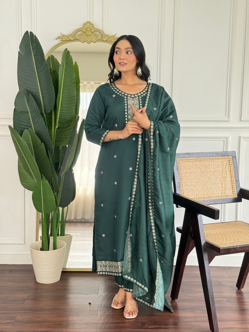 Women's Embroidered PV Chanderi Kurta Pant Set with Silk Dupatta