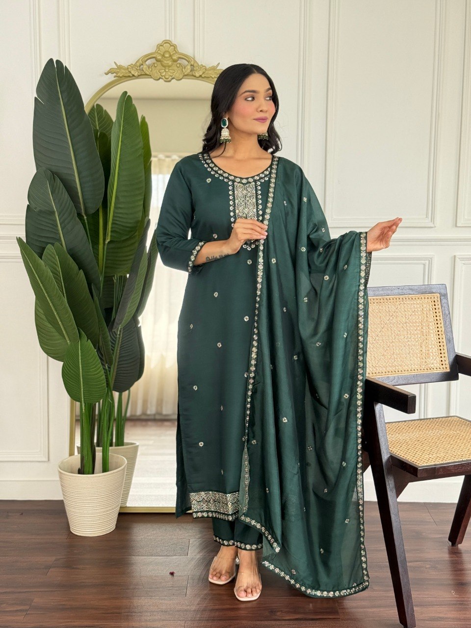 Women's Embroidered PV Chanderi Kurta Pant Set with Silk Dupatta