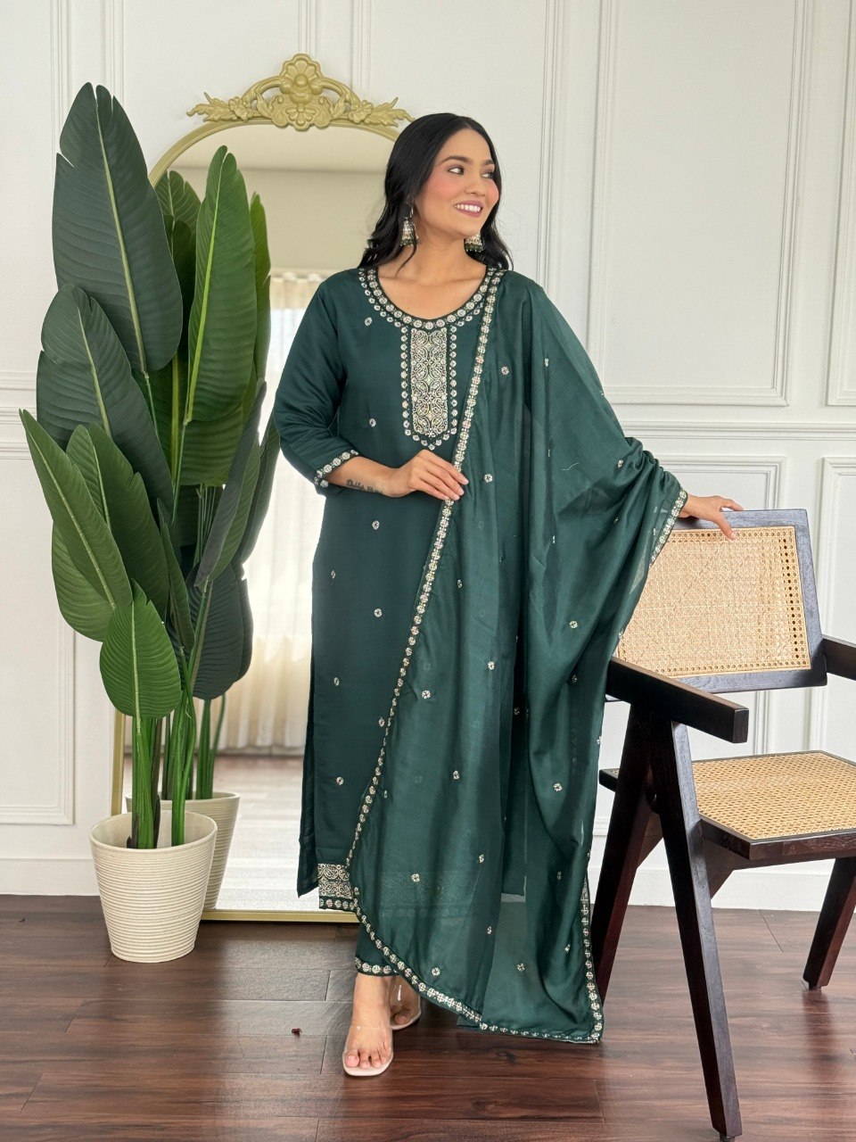Women's Embroidered PV Chanderi Kurta Pant Set with Silk Dupatta