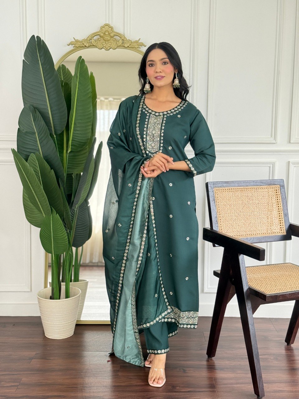 Women's Embroidered PV Chanderi Kurta Pant Set with Silk Dupatta