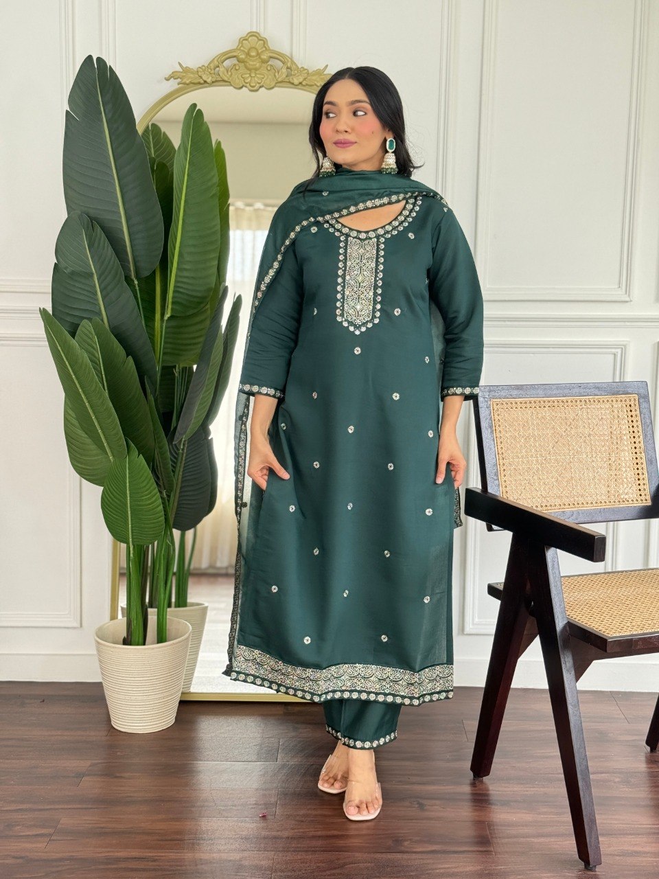 Women's Embroidered PV Chanderi Kurta Pant Set with Silk Dupatta